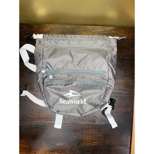 SeaWorld‎ Gray Drawstring Backpack Bag Water Resistant Travel Park Souvenir